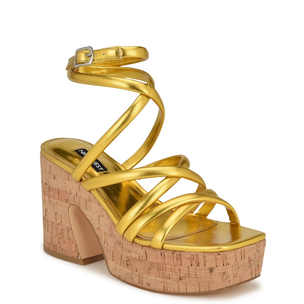 Nine West Gold Corke Platform Wedge Strappy Sandals